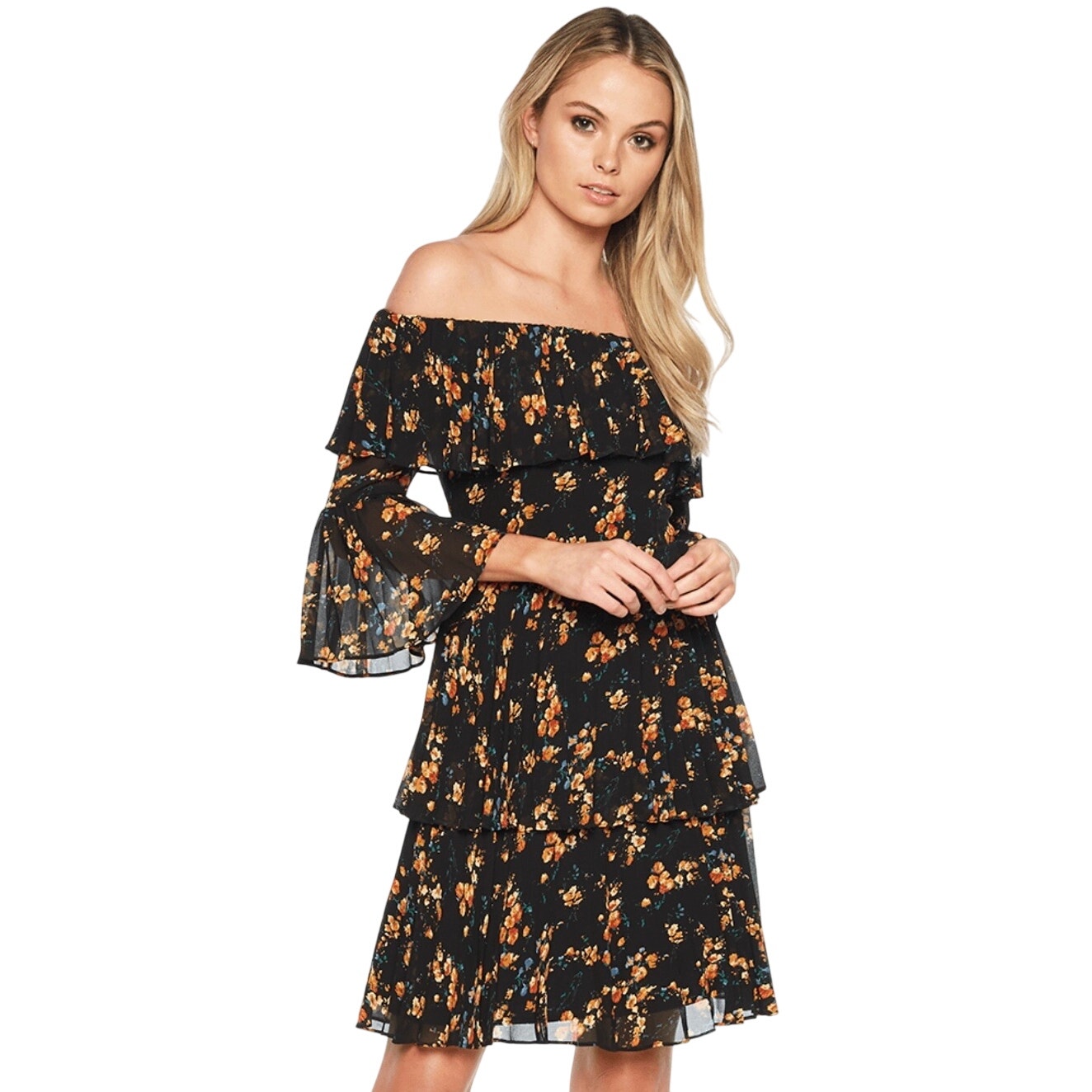 Bardot Womens Floral Off The Shoulder Tiered Dress Us 6 S
